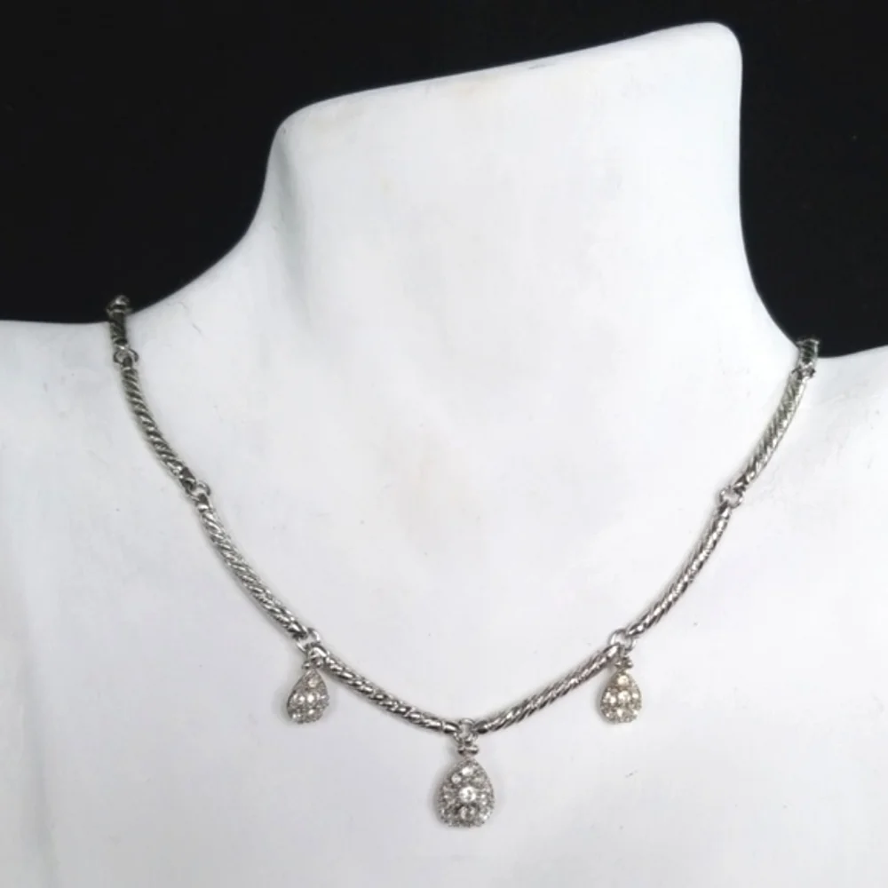 Vintage NOLAN MILLER Raindrop Pave' Rhinestone Silver Plated Necklace EUC